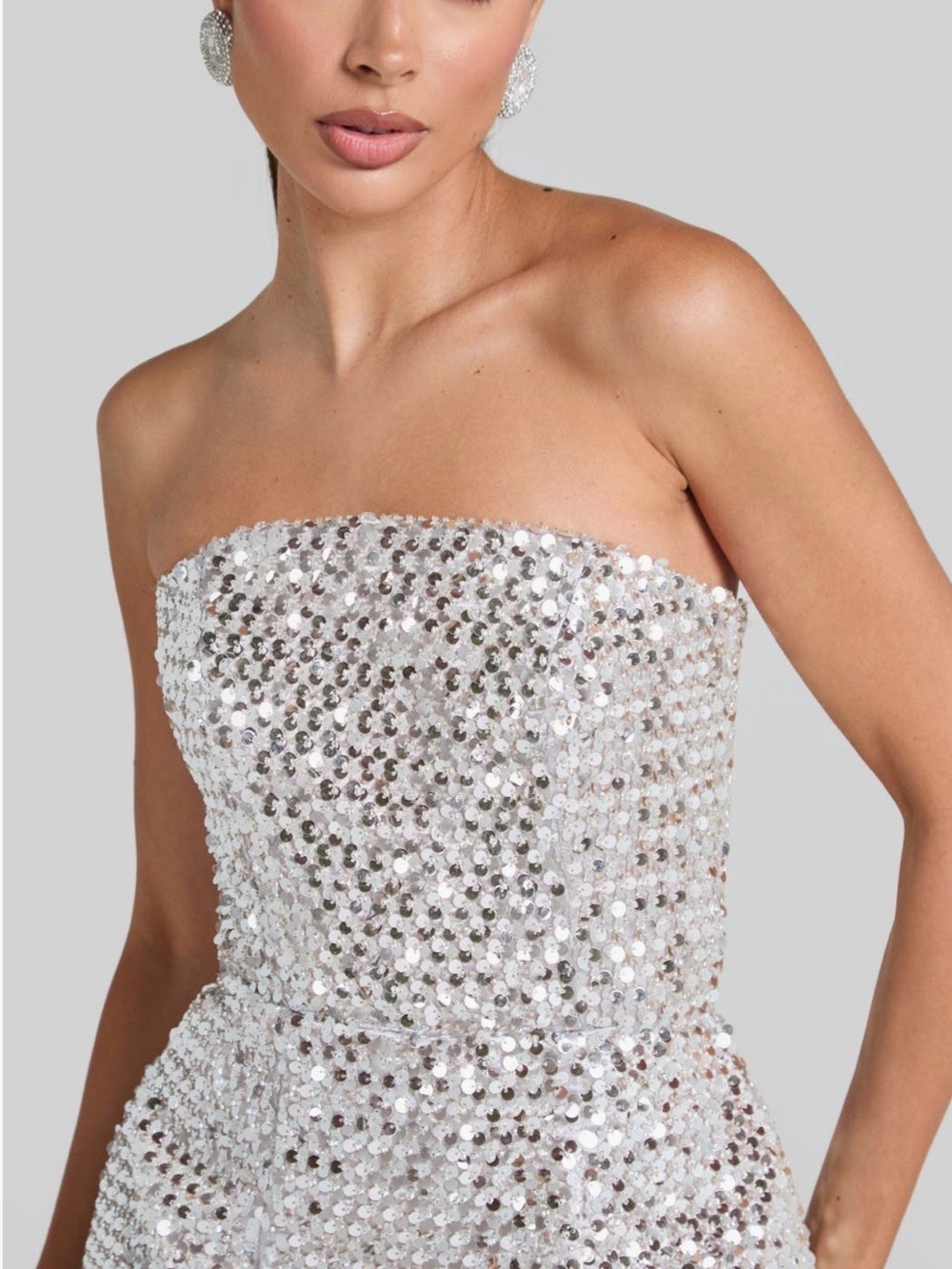 NADINE MERABI Strapless Sequin Gown - Silver